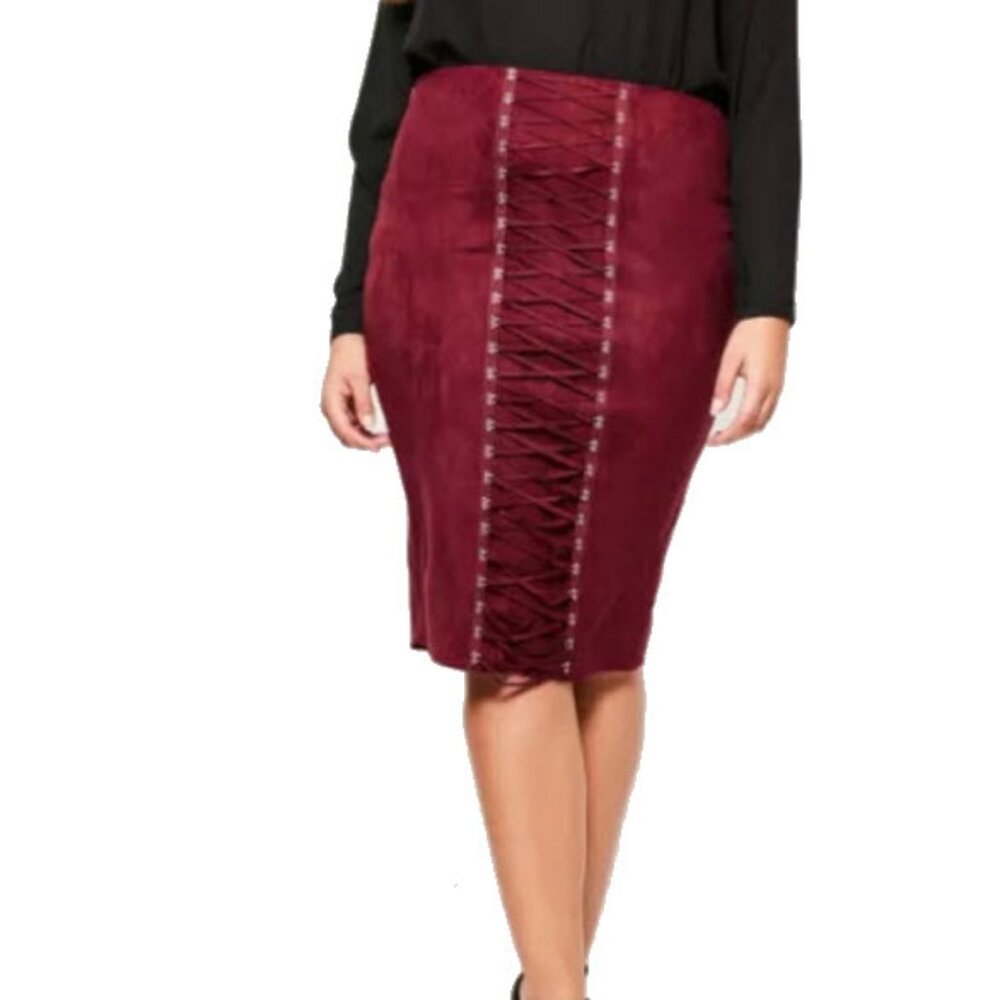 Missguided NWT Burgundy Suede Lace-Up Hook & Eye Pencil Skirt. sz 12 - waist 34